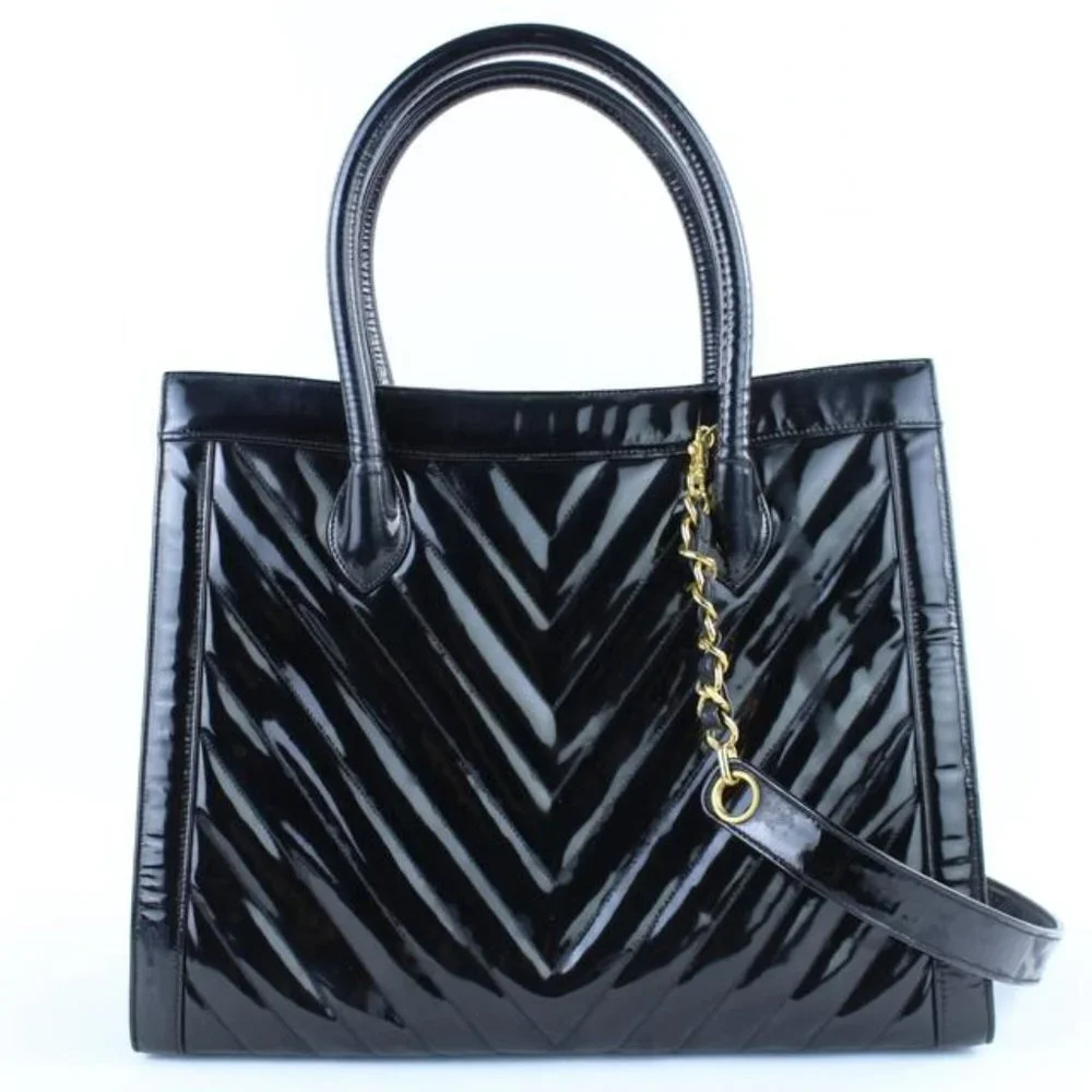 CHANEL Quilted Chevron 2way Tote Patent 221916